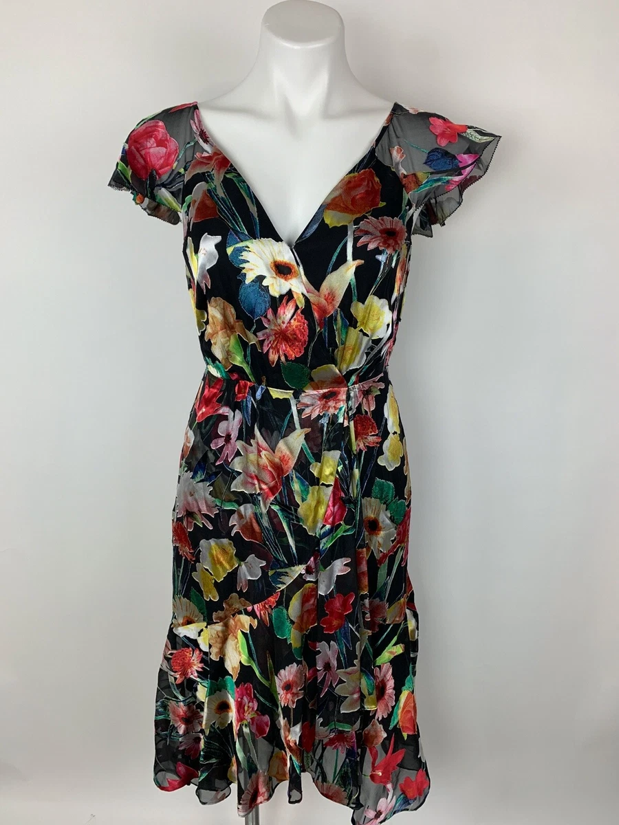 Elie Tahari Colorful Floral Velvet Burnout Dress Silk Blend 2 Beautiful