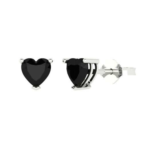 1.0ct Heart Cut VVS1 Natural Onyx Classic Stud Earrings 14k White Gold Push Back - Zdjęcie 1 z 11