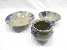 POTTERY HANDCRAFTED, THREE PIECES, GRAY AND BLUE, BOWLS, VASE, SIGNED, 2012