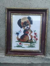 Hand embroidered puppy gobelin needlepoint, cute cross stitch puppy