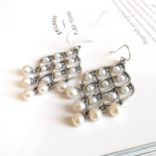 925 Sterling Silver White Freshwater Pearl Large Teardrop Chandelier Earrings - Picture 4 of 9