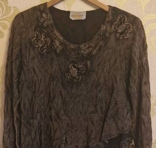 Ladies Boho Hippy Dark Brown Floral Applique Top Size XL By Macrame Shoulder Pad - Picture 3 of 6