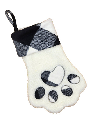 13'' Pet DOG/CAT Large Paw Print Faux Fur Christmas Stocking Black & White, NEW
