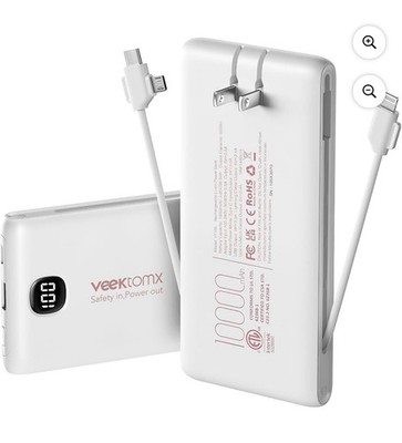 VEEKTOMX Portable Charger with Built in Cables 10000mAh, Power Bank