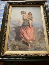 Attractive Antique Lithograph Mother Carrying Baby Super Antique Frame