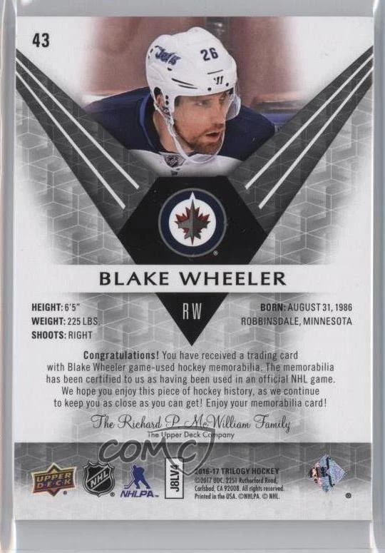 2016-17 Upper Deck Trilogy Black /82 Blake Wheeler #43 - Image 2 of 2
