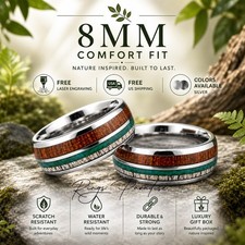Silver Tungsten Ring | Koa Wood, Green Agate and Antler Inlay – 8mm