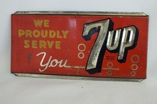 Vtg 1930s 7up We Proudly Serve You Tin Sign Countertop Advertising 9 x 4.5