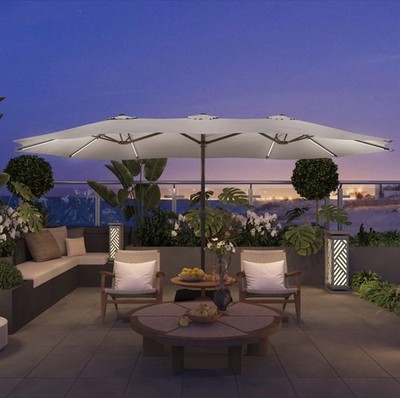 Boyel Living 15ft Double-Sided Outdoor Umbrella with Solar String Lights & Base
