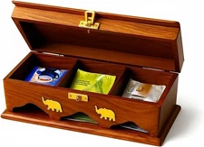 Handcrafted Tea Bag Organizer–Natural Rosewood with Brass Inlay–3-Compartments