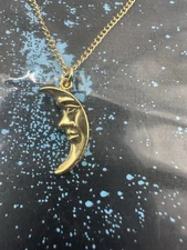 Vintage Crescent Man In The Moon Face Necklace New Old Stock Celestial Gold Tone