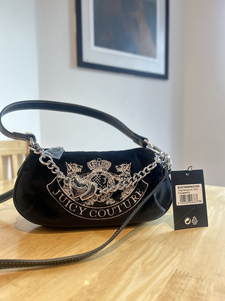 Juicy Couture Twig Dogs Black Velvet Hobo Bag Y2K Heart Chain Rare