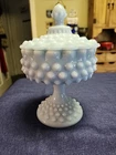 Vintage  Pastel Milk Blue Glass  Hobnail Covered Candy Dish