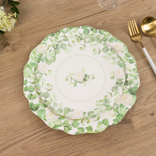25 White Green Floral Greenery Dessert Paper Plates with Scalloped Edge - Picture 3 of 9