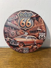 Vintage Route 66 Hot Rod Round Aluminum Sign Man Cave Or Bar