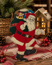 Vintage Wooden Santa Claus Cutout Double Sided Toy Sack Christmas Decoration 7"