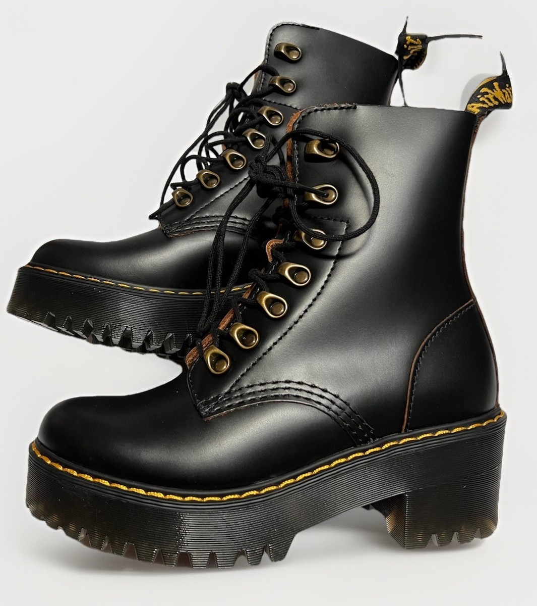 Dr. Martens LEONA Platform Combat GOTH Chunky Lace Up Black Boots