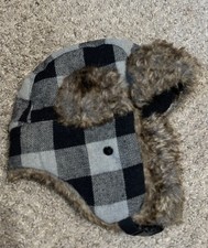Kids Boys Faux Fur Hat Plaid Black/Gray Ear Flaps S/M Warm Winter Fleece Lined