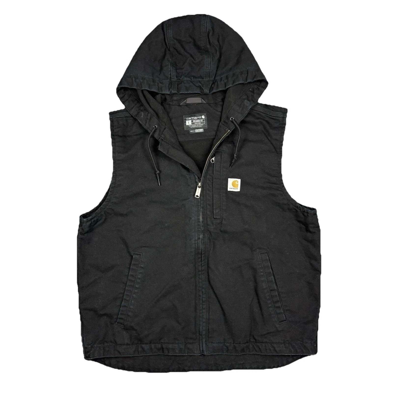 Carhartt Fleece Lined Hooded Vest Mens Large Black Canvas Workwear Utility