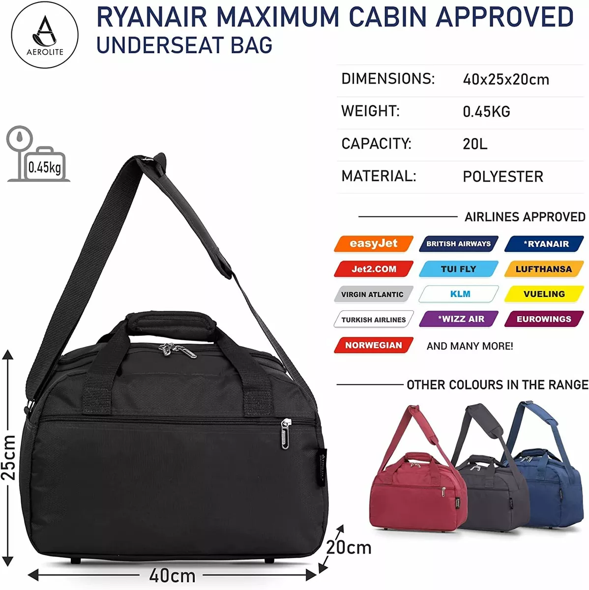 Aerolite Ryanair 40x20x25 Maximum Size Holdall Cabin Bag Under Seat Flight  Bag