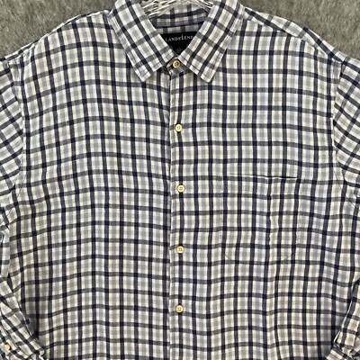 Lands End 100% Linen Shirt Mens Large Blue Plaid Button Front Long Sleeve