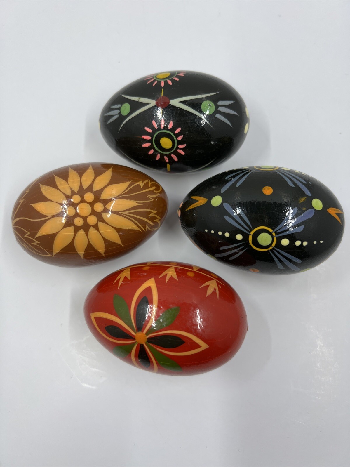 Lot of 4 Wooden Folk Art Easter Eggs Hand Painted Wood Egg Ukrainian Pysanky??