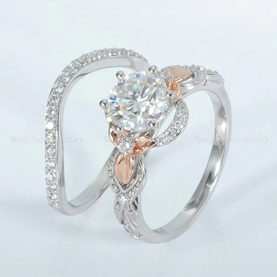 VVS1 Round Cut 3 CT Moissanite Bridal Set Engagement Ring Solid 14K White Gold - Image 3 of 4