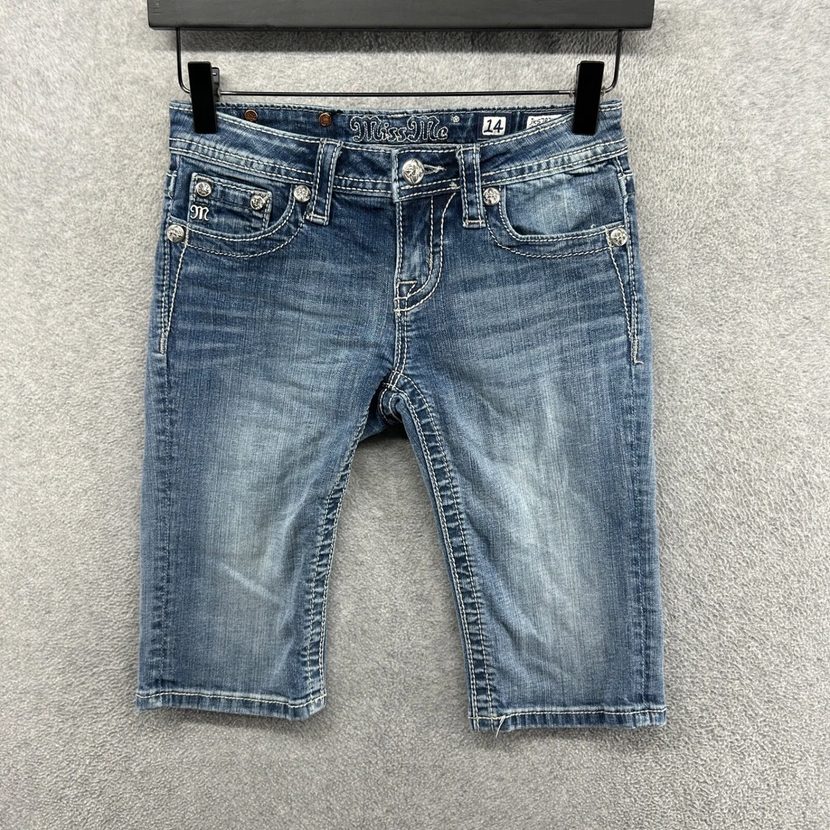 Short Miss Me Jeans Bermuda Femme - Taille 14 - Bleu Avec Croix En Cuir