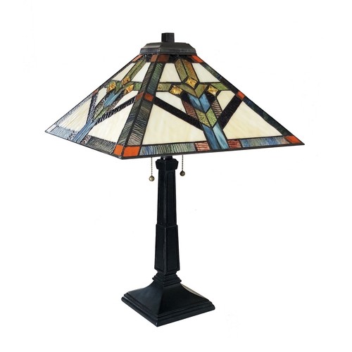 Tiffany Style Mission Stained Glass Table Lamp Antique Dark Bronze MATCHING PAIR - Picture 3 of 3