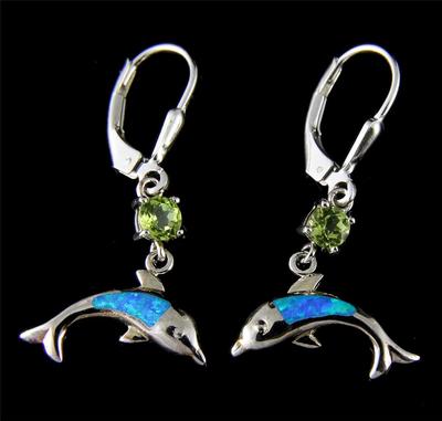 GENUINE PERIDOT SILVER 925 INLAY OPAL HAWAIIAN DOLPHIN LEVERBACK EARRING RHODIUM
