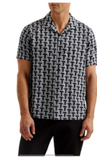 165 Ted Baker Men's Geo Printed Short Sleeve Button Front Shirt, Black, 4
