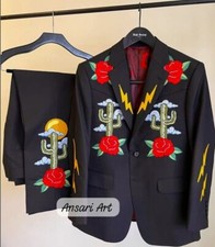 Men Black 2Pc RoseFloral Cactus Embroidered Nudie Western cowboy Cocktail Outfit