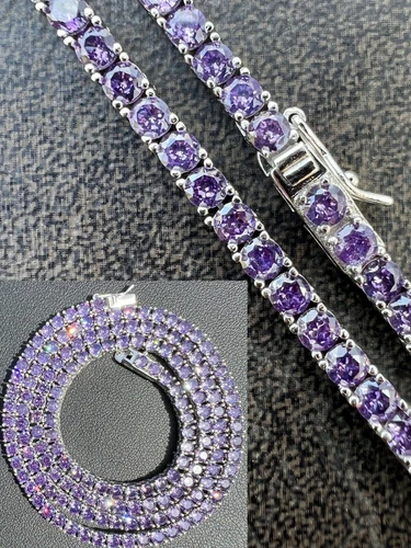 Tennis Chain 3mm Real 925 Sterling Silver Purple Simulated Amethyst CZ Necklace video thumbnail