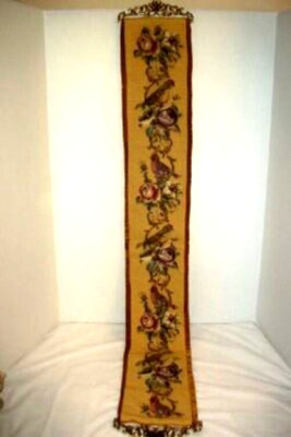 HWR NEEDLEPOINT PETIT POINT BELL PULL BIRDS ROSES FILIGREE HARDWARE VELVET BACK