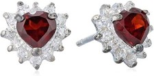 Sterling Silver 5mm Heart Shaped Garnet and Round Cubic Zirconia Stud Earrings