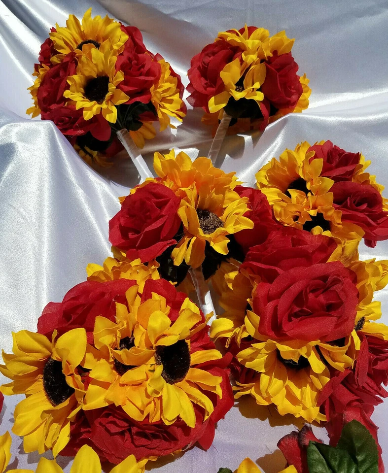 17 Piece Wedding Bouquet Set, Red Roses, Yellow Sunflowers, Bouquet Package - Image 2 of 4