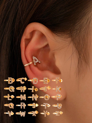 1PC Letter Clip On Earrings Copper Rhinestone Gold Ear Dangle Suitable For Daily