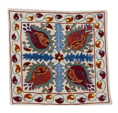 18''x19'' Uzbek Suzani Pillowcase. Hand Embroidered Cotton & Silk Cushion Cover