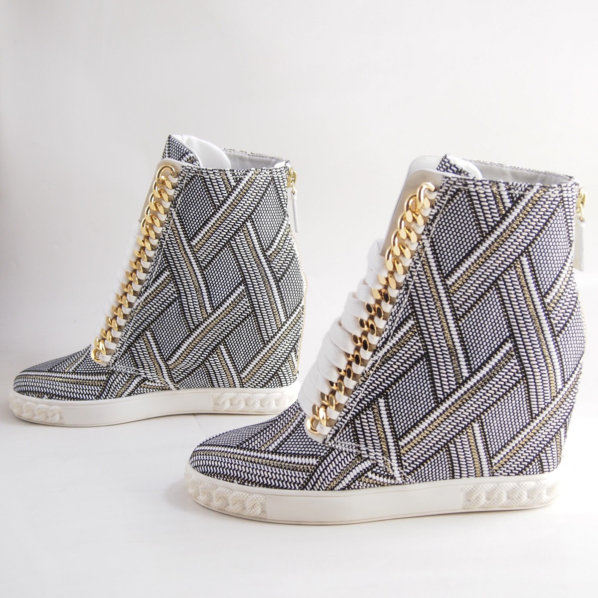 Casadei High Top Sneakers Wedge Black White Leather Womens