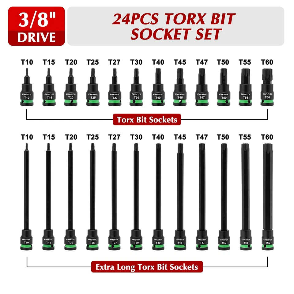 24PCS 3/8" Drive Impact Torx Bit Socket Set, Extra Long Star Bit Sockets, T10... - Image 3 of 4