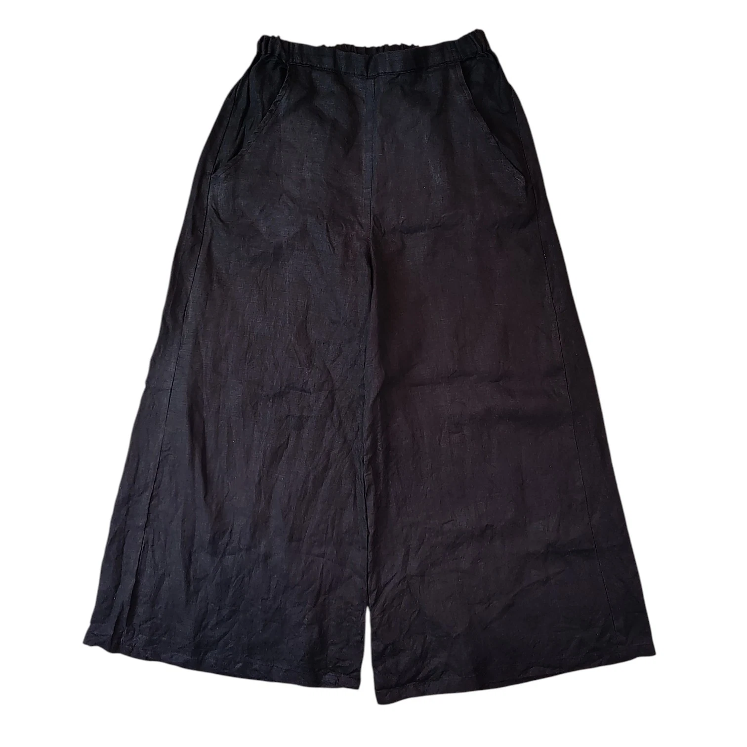 Eleven Stitch Design Womens Small Black Wide Leg Crop Pants Pockets Elastic USA