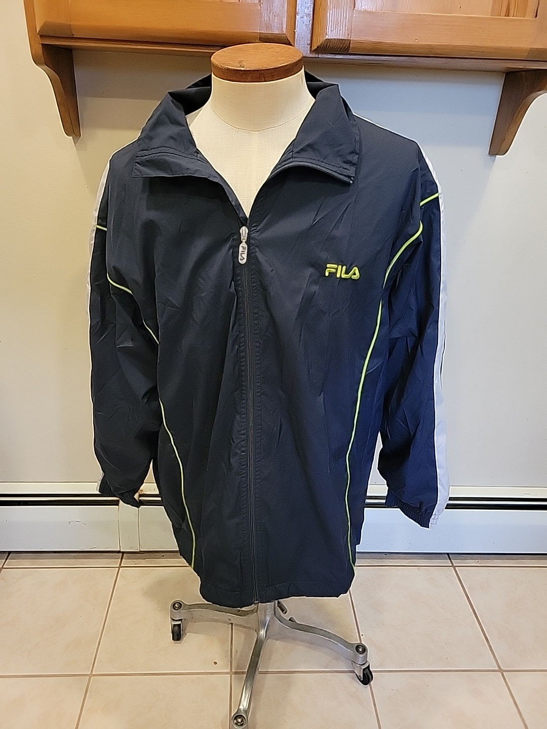 Giacca a vento uomo XL Fila pista atletica anni 90 accento verde navy vintage 1xb