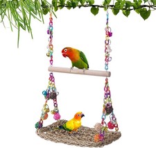 Bird Swing Toys with Wood Perch, Seagrass Woven Parrot Platform Small