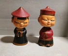 Pair Of 1950s Asian Bobblehead/Nodder Couple With Rhinestone Eyes Red Hats 5.5"