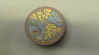 Vintage Chart of the Known World Map on Lid of Round Tin  Container N C rare
