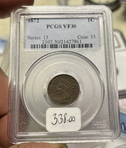 1872 Indian Head Penny Cent Coin, PCGS VF30 Free Shipping, Key Date, (D)