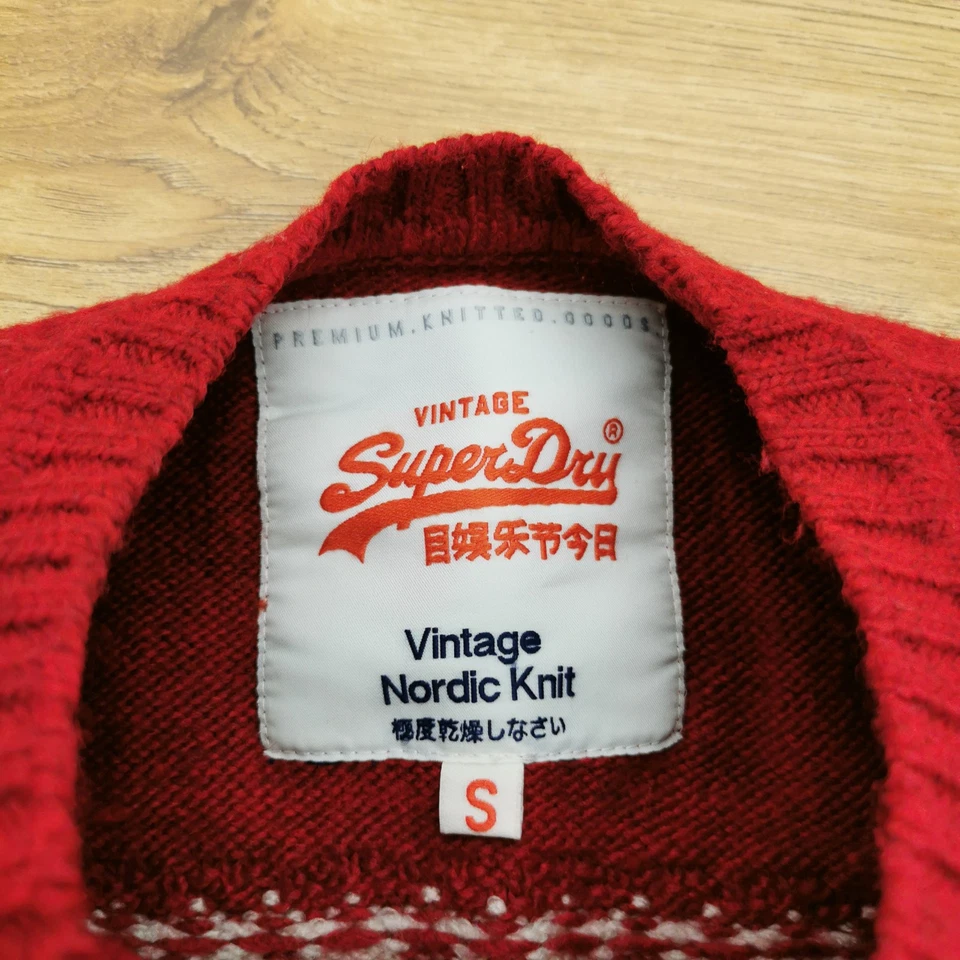 Superdry Vintage Nordic Knit Jumper Womens S Small Red Fair Isle Acrylic Wool - Image 3 of 4