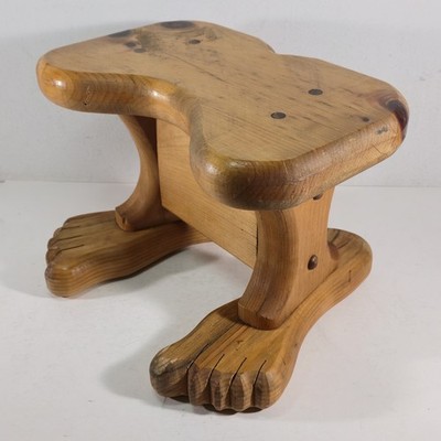 Vintage Hand Carved Pine Wooden Human Feet Foot Stool Funny Rustic Folk Art