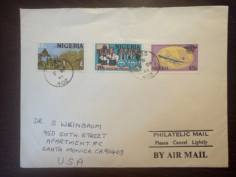 NIGERIA TRAVELED COVER 1985 YEAR VACCINE HEALTH SUGAR PRODUCTION AVIATION