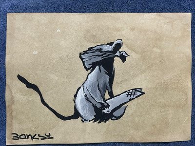 banksy drawing and painting on old paper signed stamped vintage